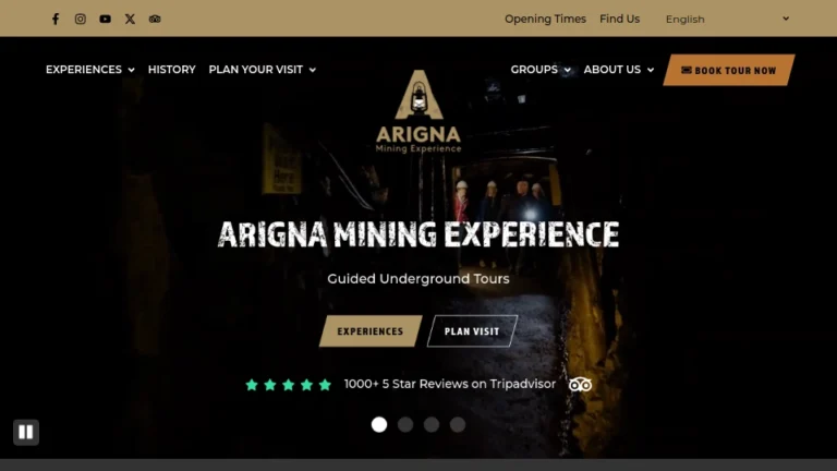 Arigna Mining Experience website homepage with underground tour options, Dublin.