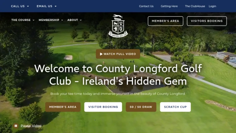 County Longford Golf Club website homepage showcasing Ireland's hidden gem. Features booking and membership options.