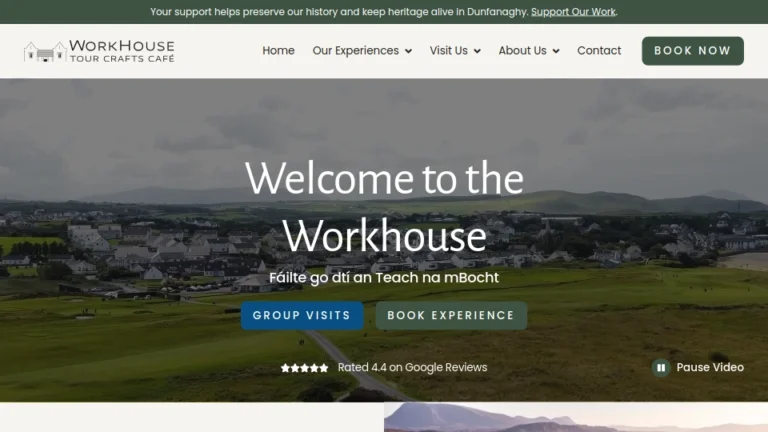 Workhouse Tour Crafts Café website with scenic view of Dunfanaghy; options for group visits and experiences.