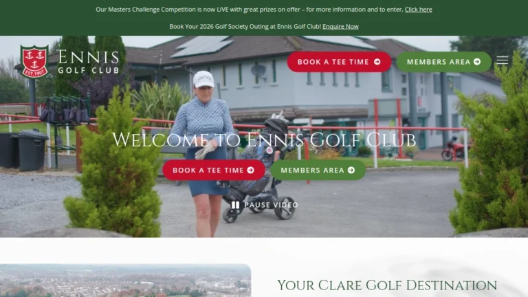 Ennis Golf Club entrance with a golfer walking by. Prominent tee time booking buttons.