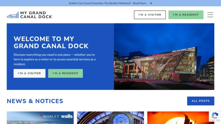 Grand Canal Dock homepage with visitor and resident options, showcasing Dublin's Bord Gáis Energy Theatre at night.