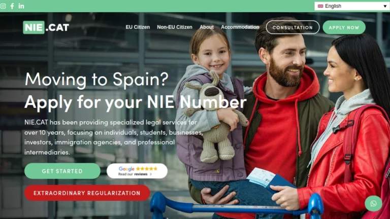 Family smiling at airport with text on NIE number for Spain. Website info: Legal services by NIE.CAT.
