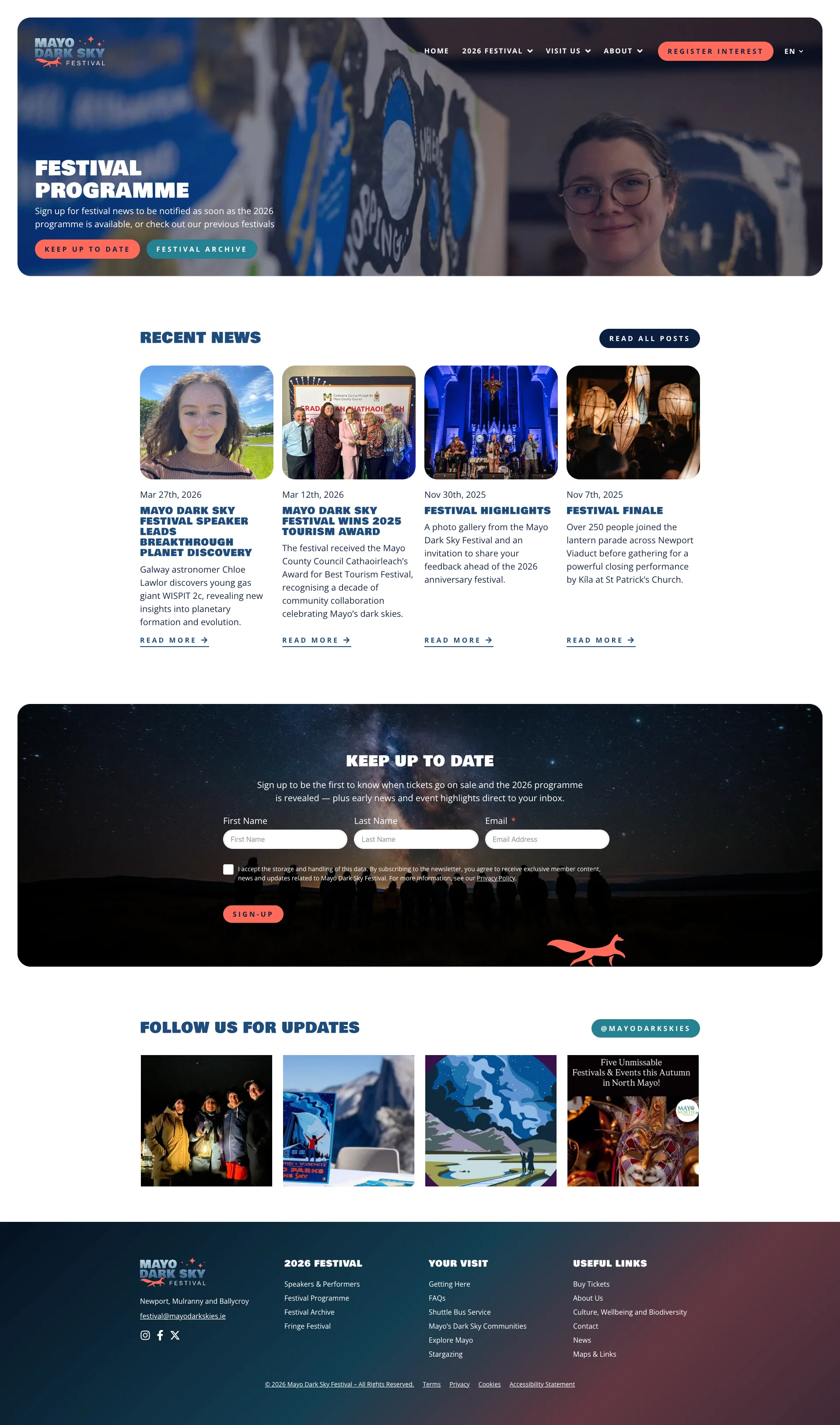 Mayo Dark Sky Festival website in Dublin highlighting events, news, and updates. Sign-up feature for latest info.