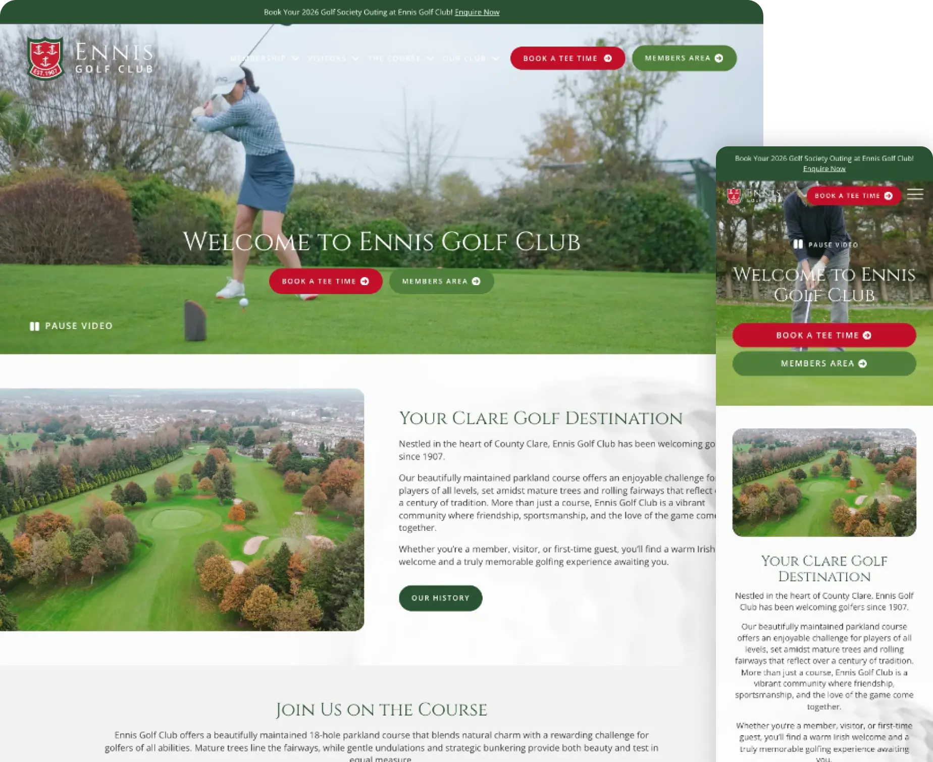 Ennis Golf Club website showcasing golfing details and booking options. Vibrant Irish golf destination imagery.