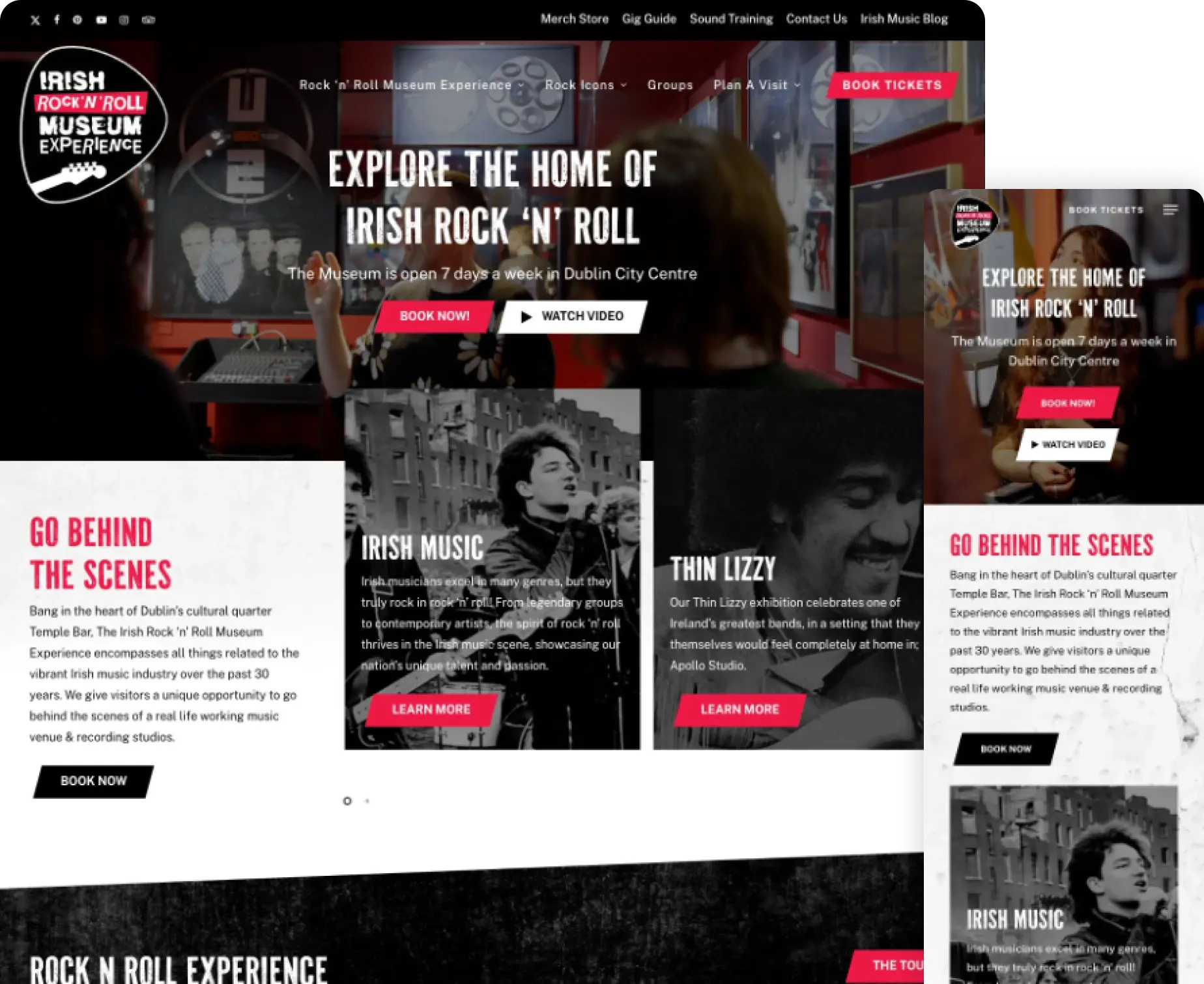 Irish Rock Museum website homepage highlighting Dublin's music scene experience and thin lizzy exhibition.